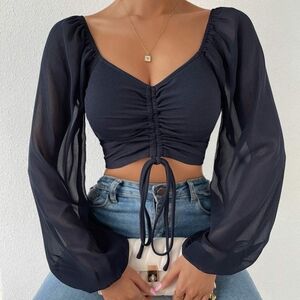 Sweet Talk Drawstring Crop Top - Dark Navy